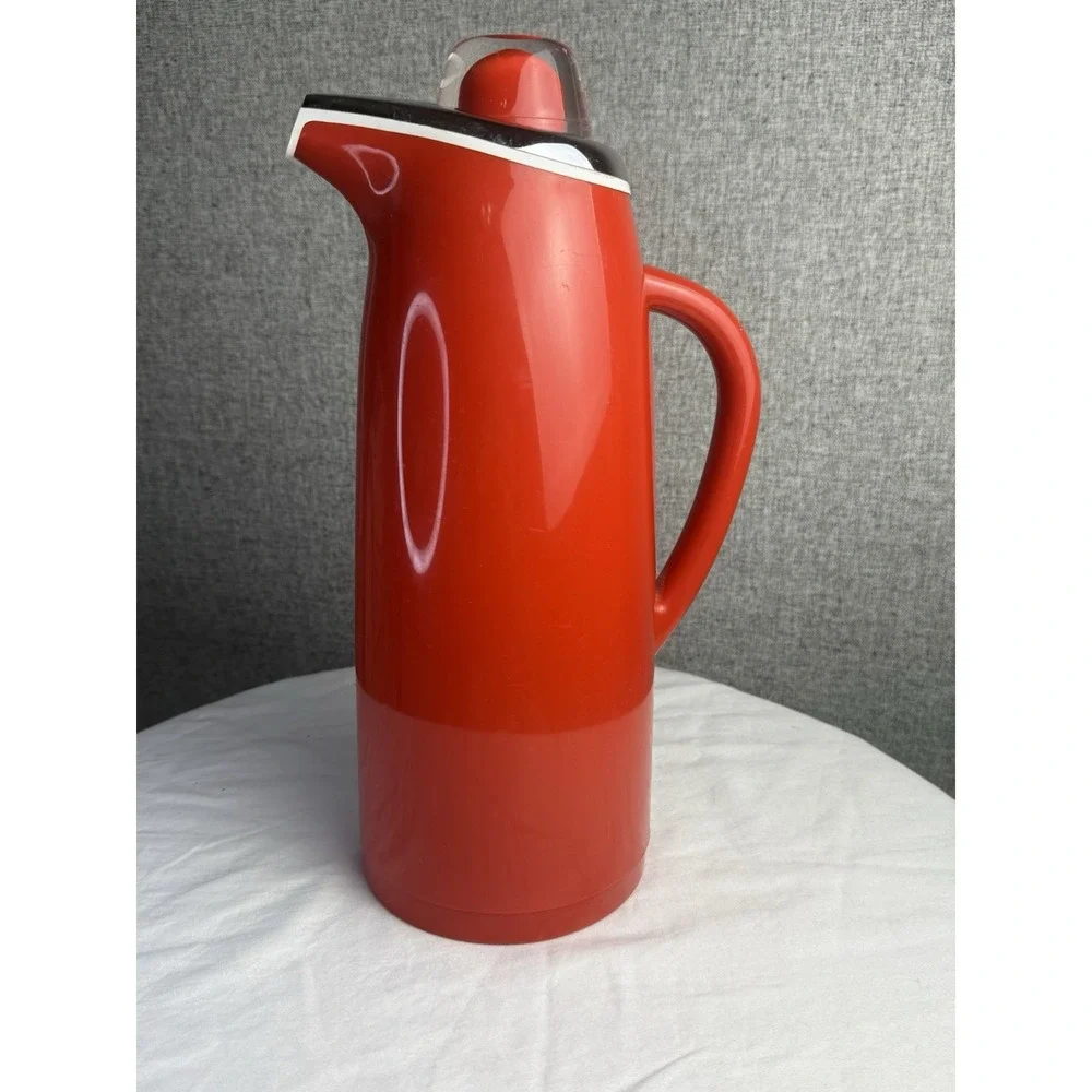 Vintage 80s Red Silver Crown Corning‎ Coffee Beverage Thermal Carafe Made Japan